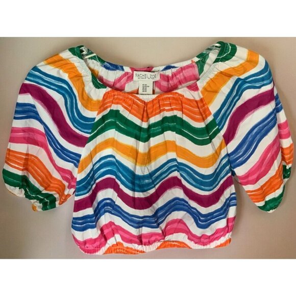 Rachel Zoe Crop Top Balloon Sleeve Multicolor Striped Off the Shoulder Womens XS - Picture 6 of 8
